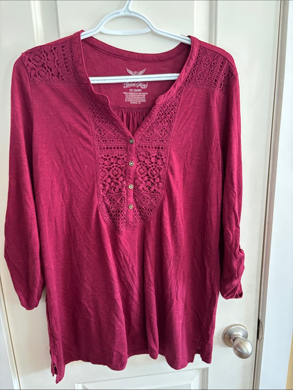 Apt. 9 Women's Crochet Yoke Long Sleeve Top - Raspberry
